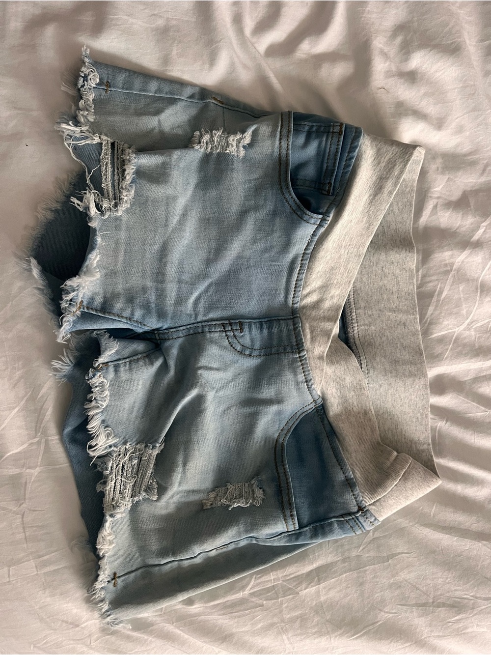 Maternity Light Wash Distressed Denim Shorts with Grey Elastic Waistband